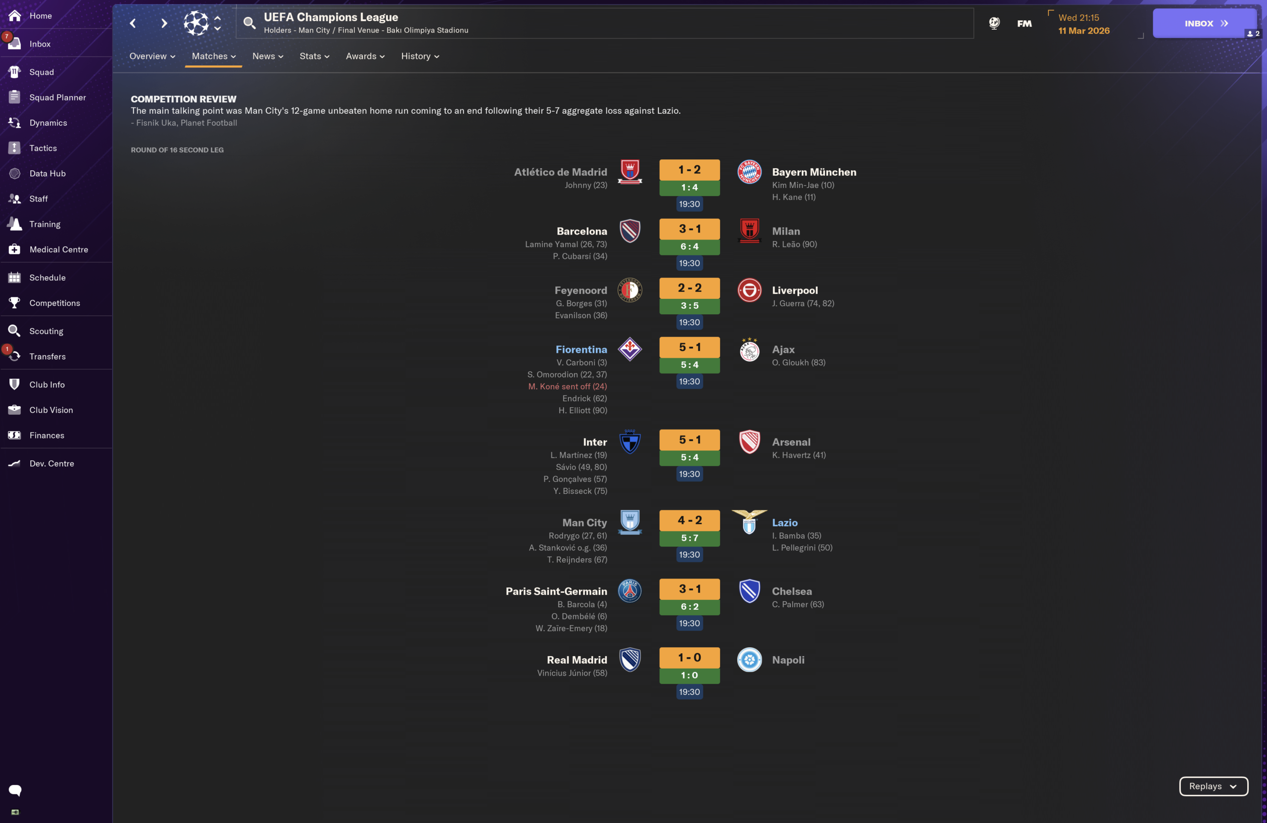 UCL Round of 16 2nd leg results; Fiorentina 5-1 Ajax agg 5-4