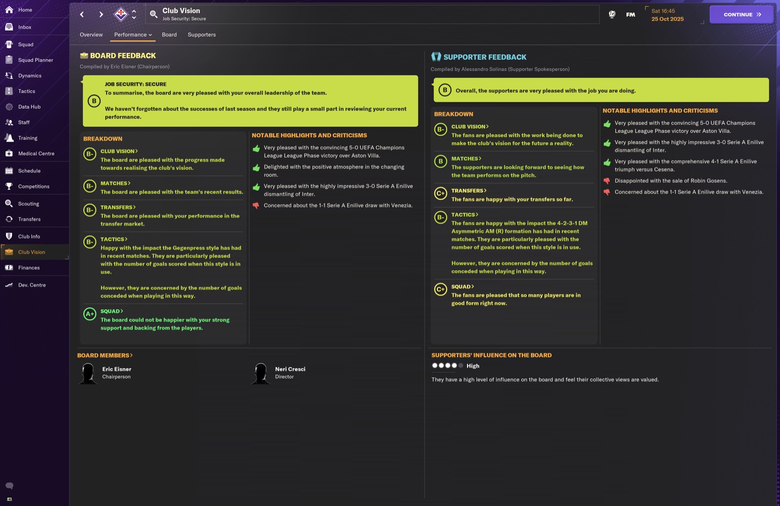 Job security Secure; pleased with 5-0 UCL win over Aston Villa