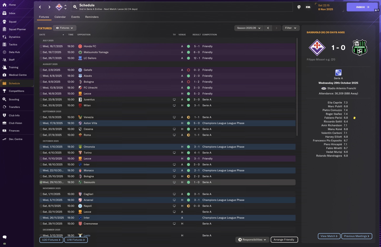 Fixtures list Serie A 2025/26 - 2nd place; next match Lecce (A)
