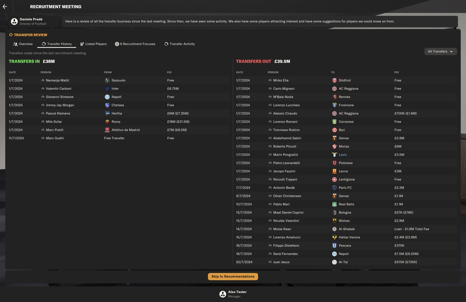 Recruitment Meeting review; transfers in £38M - out £39.5M; Guéhi joined