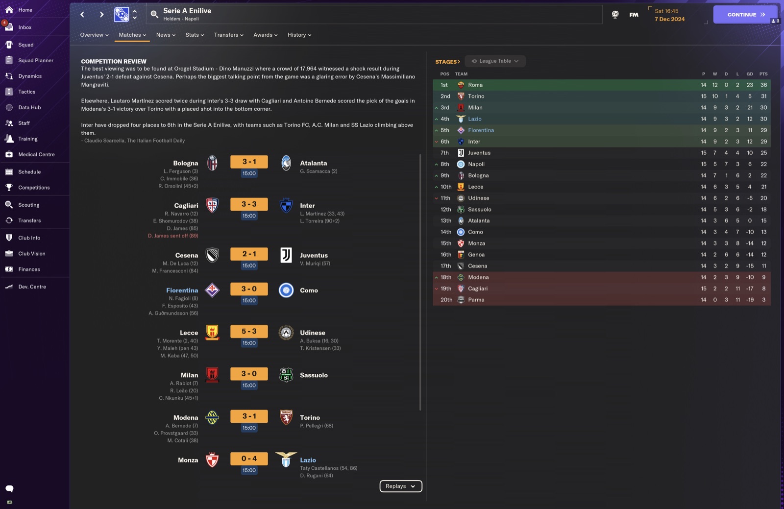 Roma 1st; Fiorentina 5th; Fiorentina 3-0 Como
