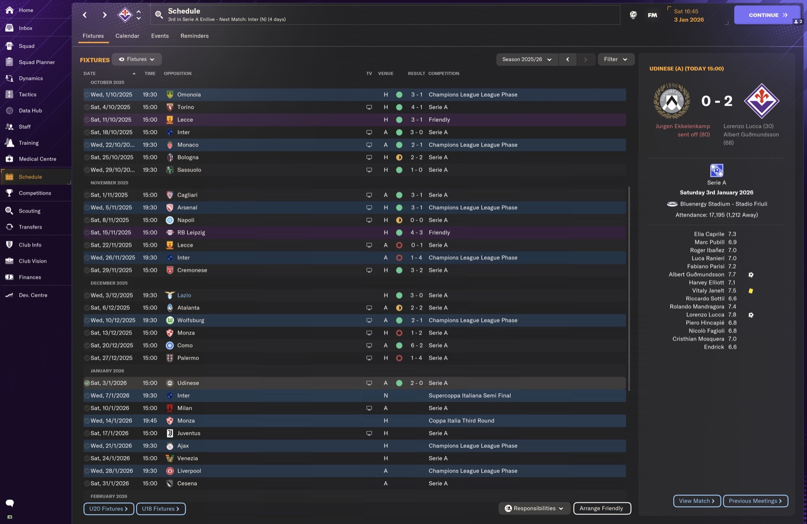 Schedule screen; Udinese (A) 0-2 result panel for today