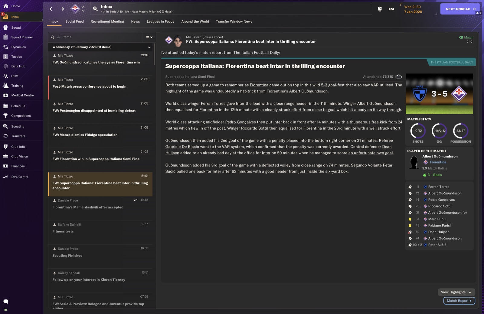 Supercoppa semi final; Inter 3-5 Fiorentina; Guðmundsson hat-trick
