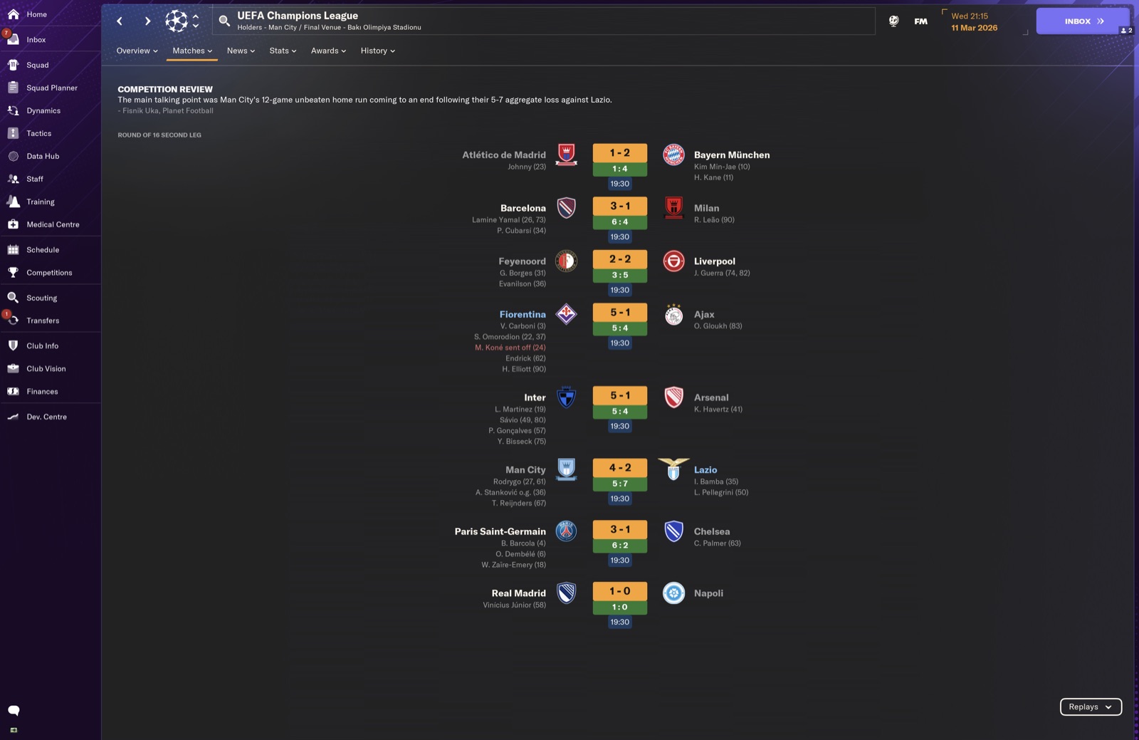 UCL Round of 16 2nd leg results; Fiorentina 5-1 Ajax agg 5-4