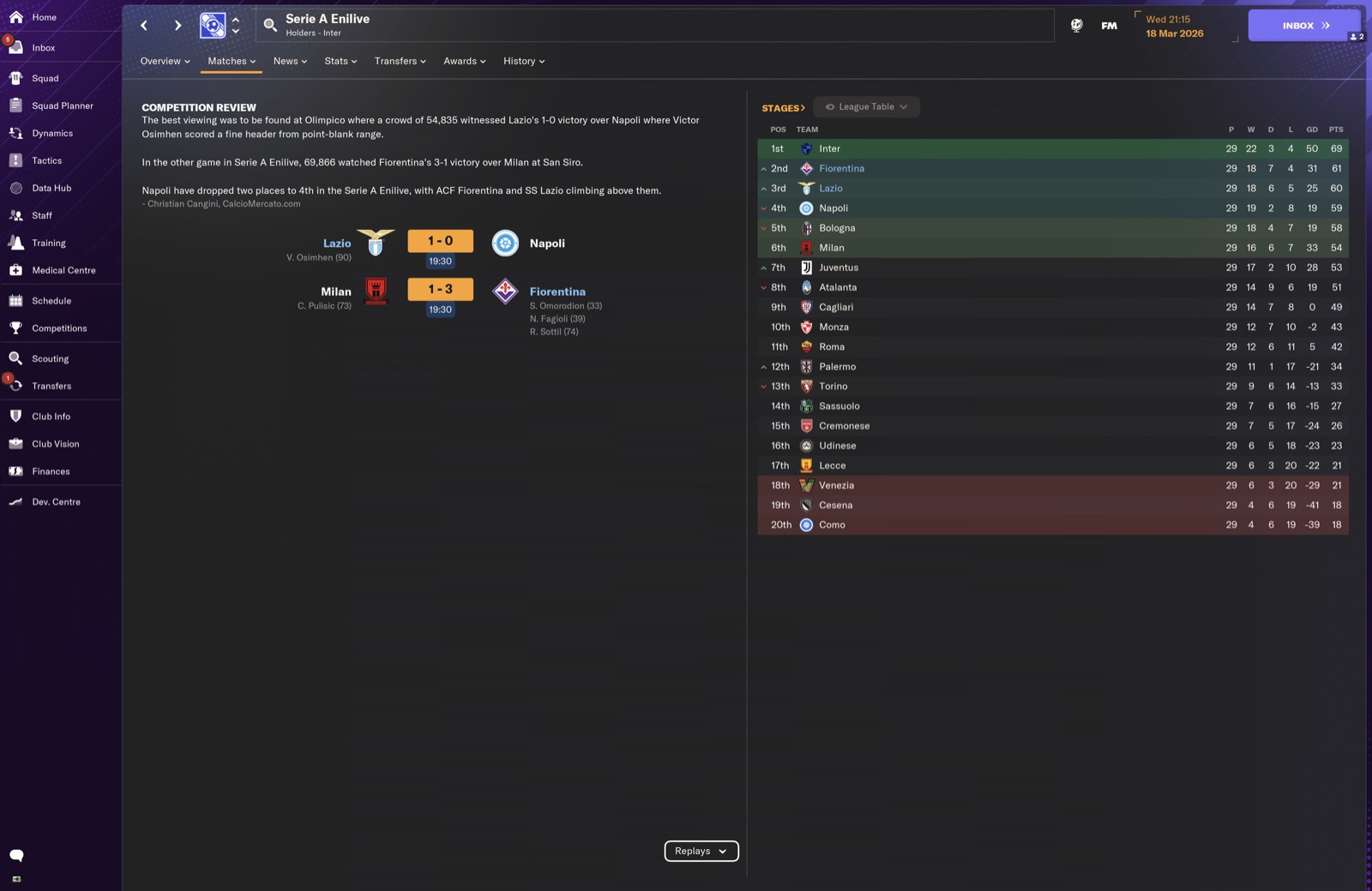 Serie A table; Fiorentina 2nd on 61pts above Lazio