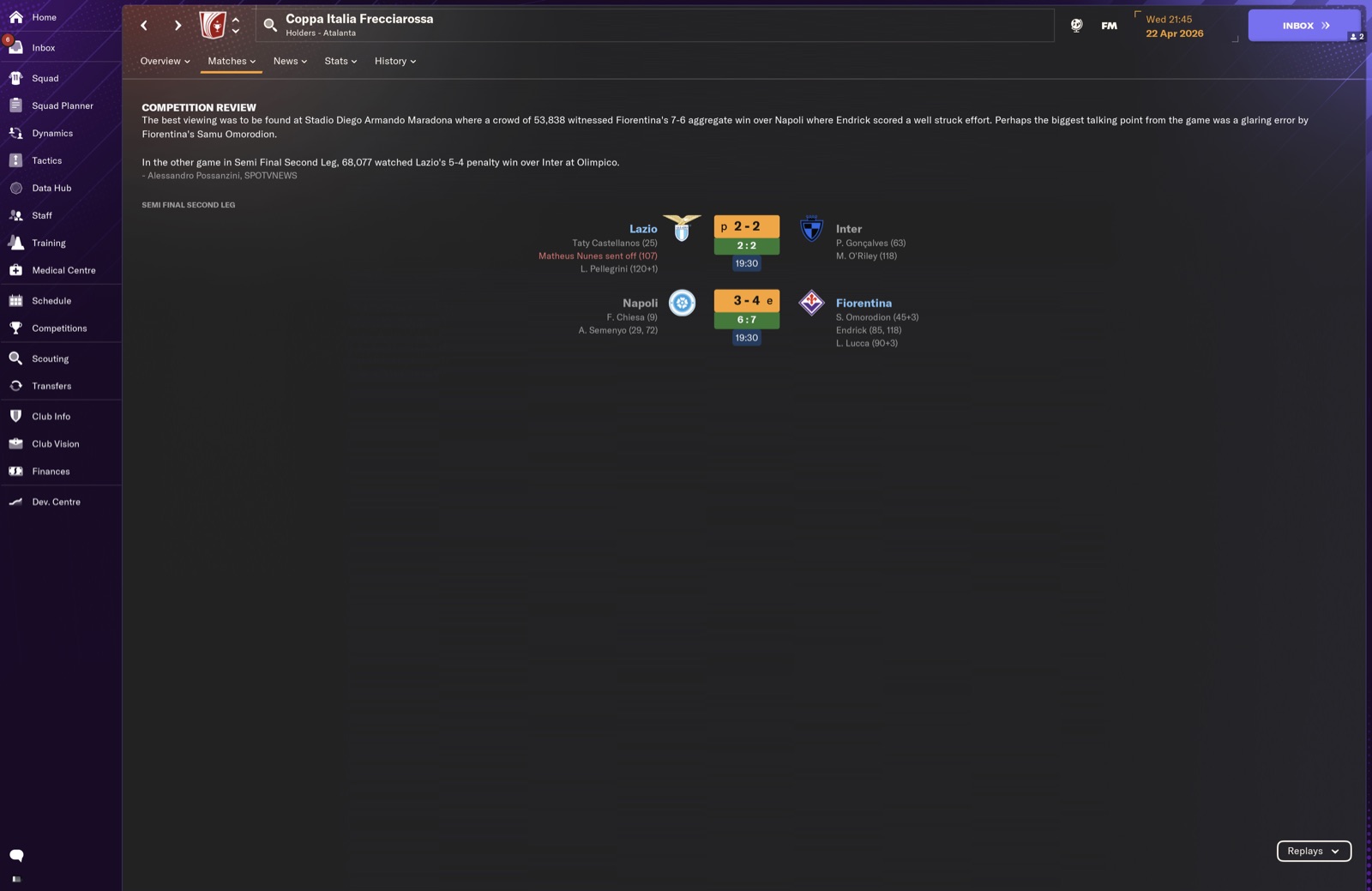 Coppa Italia semi final 2nd legs - Napoli 3-4 Fiorentina (agg 6-7); Lazio beat Inter on pens