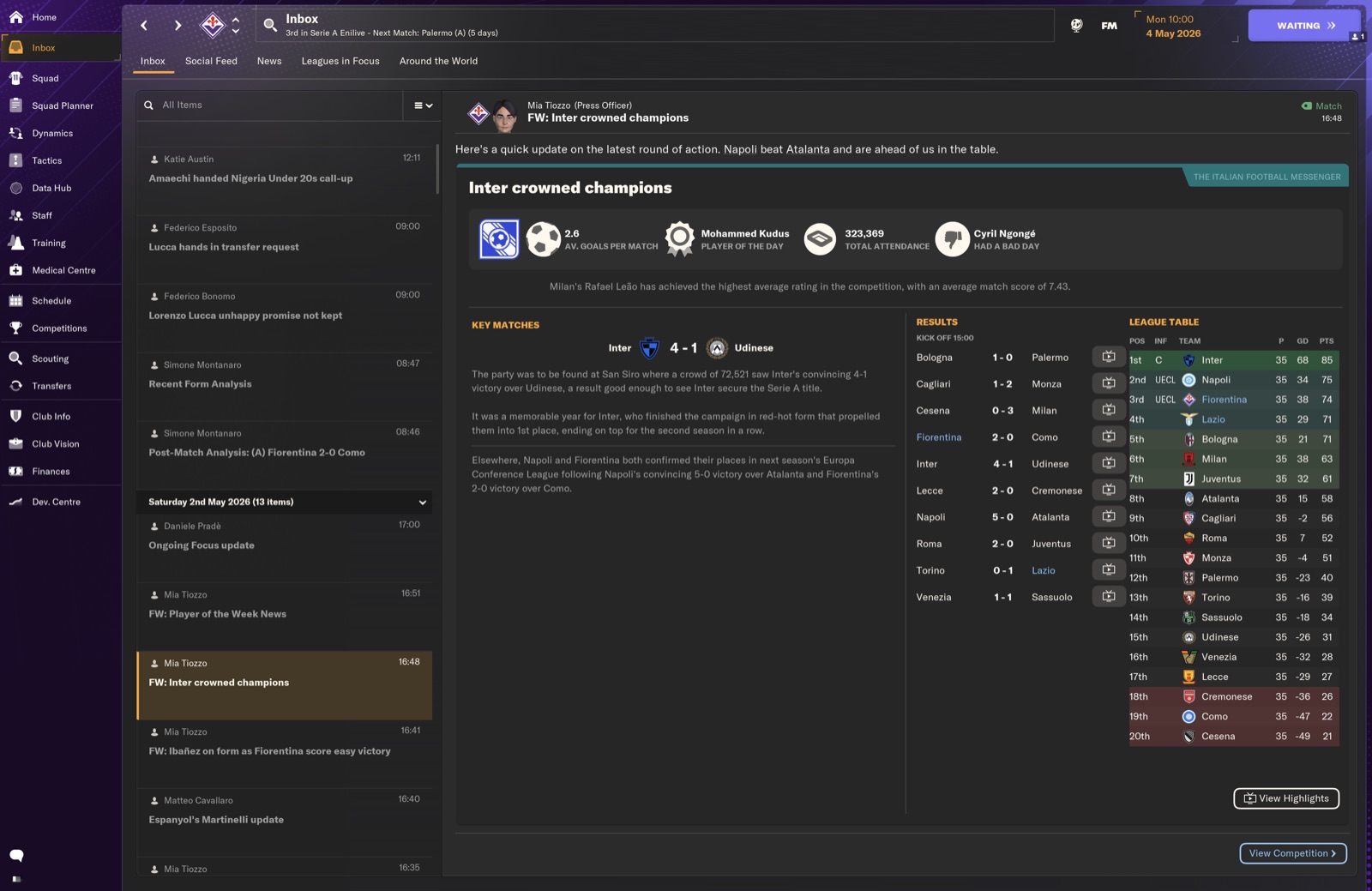 Inter crowned Serie A champions; Fiorentina 3rd 74pts