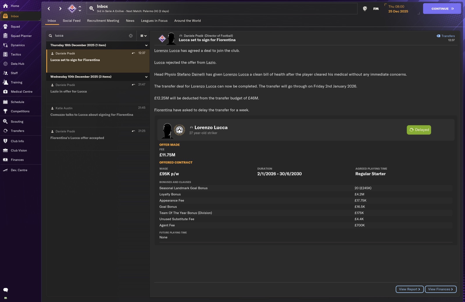 Lorenzo Lucca set to sign for Fiorentina - GBP11.75M; rejected Lazio