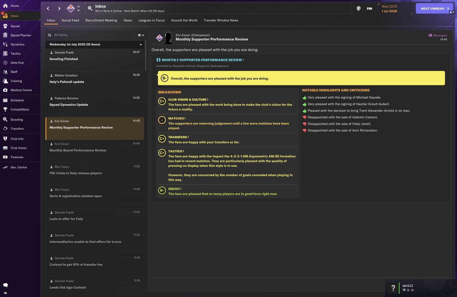 Monthly Supporter Performance Review - fans pleased overall (B-)