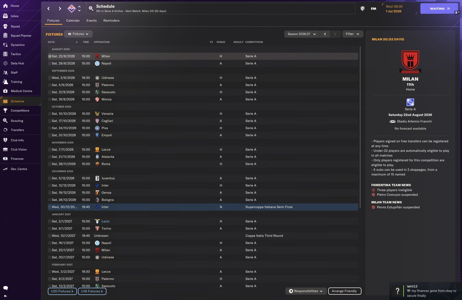 Season 2026/27 fixture list; opens with Milan (H) 22/8/2026